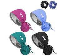 JoyRing 4 Pcs Scrub Caps for Women Nurse Surgical Hats Adjustable Working Cap Ponytail Holder for Long Hair with Buttons Satin-Lined Doctor Hat with Sweatband, Multi Color 3, 2-3