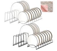 Joyseedi 4 PCS Plate Rack for Cupboard - Plate Organiser for Kitchen Cupboard with Rag, Stainless Steel Plate Storage Dish Drying Rack for Pot Lids, Plates, Cutting Boards, Bakeware
