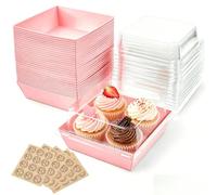 Joyseedi 50pcs Paper Cake Slice Boxes with Clear Lids, 12cm Oil-Proof Charcuterie Dessert Square Food Containers, Cupcake Takeaway Boxes for Bakery Macaron Sandwich Cookies (Pink)