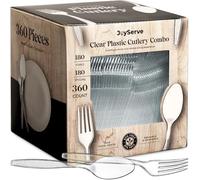 JoyServe Clear Plastic Cutlery Set - Bulk Pack 360 Pcs (180 Forks & 180 Spoons) - Heavy Duty, Reusable, Dishwasher Safe - Perfect for Parties & Get-Togethers