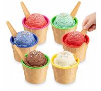 JoyServe Ice Cream Bowls and Spoons Set - (Pack of 12) Reusable Plastic Ice Cream Cups and Waffle Cone Shaped Spoons for Dessert, Frozen Yogurt, Gelato, Birthday Party Decorations