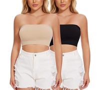 Joyshaper 2 Pack Womens Strapless Bandeau Bra Non Padded Wireless Bandeau Stretchy Tube Top Everyday Bra Basic Summer Crop Tops, Black+Nude-N, M