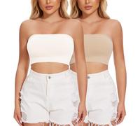 Joyshaper Bandeau Bra Women Strapless Bra Non Padded Bandeau Top Tube Bra Full Coverage Non Wired Bralette Boob Tube Stretchy Crop Tops Summer Underwear Women's Everyday Bra 2 Pack, Nude+White M
