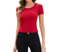 Joyshaper Ladies Tops Womens T Shirts Slim Fit Round Neck Short Sleeve Blouses Summer Ribbed Tee Red,M