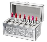 joyshiny Lipstick Organizer, 21 Slots Mirror Glass Lipstick Holder with Lid,Luxury Lip Gloss Organizer for Vanity, Crushed Diamond Makeup Organizer,Storage Box for Lip Gloss, silver