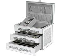 joyshiny Mirrored Jewelry Box, 3-Layer Glass Jewelry Organizer with Lid & 2 Drawers, Silver Crushed Diamond Home Decor, Fancy Gift for Her (9.3" L x 6.3" W x 7.1" H)
