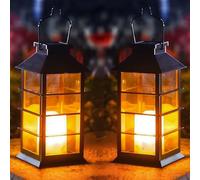 Joysing Solar Lanterns for Outside 2 Pack Hanging Solar Lantern for the Garden with Flickering Candle, 22CM Glass Lantern Waterproof Hanging Lanterns for Yard Path Fence Decorations