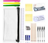 JOYSKY 26 PCS Maths Set GCSE Back to School Stationery Set Including Protractor and Compass Set with Pens, Eraser, Pencil Sharpener, Ruler, Post-it Notes, Notepad in a Filled Pencil Case