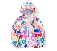 JOYSON Girls Rain Lightweight Jacket Waterproof hooded Windbreaker Jacket for Kids Outdoor Softshell Raincoat with Mesh Lining White Colorful Flower Print 4-5 Years