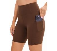 JOYSPELS Cycling Shorts Women with Pockets High Waisted Non See Through Womens Activewear Shorts for Gym Workout Running Yoga Sport Exercise UK Brown XL