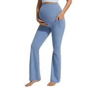 JOYSPELS Maternity Flare Leggings Over The Belly with Pockets - Soft, Comfortable Pregnancy Yoga & Daily & Work Pants, Light Blue, M
