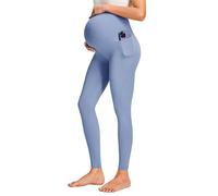 JOYSPELS Maternity Leggings Over The Belly with Pockets Non-See-Through Workout Pregnancy Leggings, Light Blue, Large
