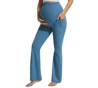 JOYSPELS Smooth Feeling Flare Maternity Leggings Over The Belly with Pockets Soft Bootcut Pregnancy Yoga Pants, Blue Steel, Large
