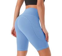 JOYSPELS Womens High Waisted Activewear Sports Shorts - Workout Gym Sports Running Yoga Cycling Shorts with Pockets - BlueBell - S