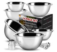 JOYTABLE 14 Piece Mixing Bowls with Measuring Cups and Spoons Set - Premium Stainless Steel Mixing Bowls Set - Nesting & Stable Metal Mixing Bowls Great for Kitchen, Baking, Cooking, Or Prep