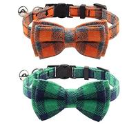 Joytale Cat Collar with Bell and Bow Tie, Soft Tartan, Quick Release Safety Collars for Kitten and Cats, 2 Pack, Green+Orange