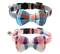 Joytale Cat Collar with Bell and Bow Tie, Soft Tartan, Quick Release Safety Collars for Kitten and Cats, 2 Pack, Haze blue+Pink