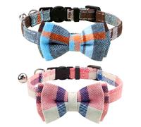 Joytale Upgraded Cat Collar with Bells Breakaway Cat Collars with Bow Tie 2 Pack Girl Boy Safety Plaid Kitten Collars Haze Blue+Pink