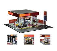 Joytopiaminds 1/64 Scale Japanese Gas Station Diorama, Lighted Building Model with Sliding Gate and Fueling Bays, Ideal for Collector Photography and Expandable City Scenes