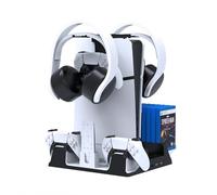 JOYTORN Vertical Stand for Playstation 5/PS5 Slim,PS5 Dual Controller Charger Station with Cooling Fan and Headset Hooker,14 Game Rack Storage, Media Remote Organizer