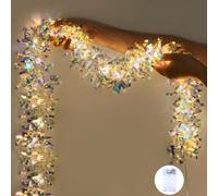 Joytry Christmas Tinsel Garland Iridescent Metallic Foil Garland Battery Powered String Lights 6.5FT, Shiny Reflective Streamers for Christmas Tree, Holiday Indoor New Year Party Decorations 1 Pack