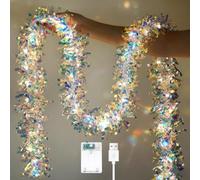 Joytry Christmas Tinsel Garland with Lights Iridescent Metallic Foil Garland 16.4FT USB & Battery Powered Shiny Streamers for Christmas Tree, Indoor Holiday New Year Party Decorations 1Pack