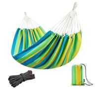 JoyView Brazilian Double Hammock with Hanging Ropes Extra Large 86.6x59” Portable Cotton Hammock for Patio Backyard Porch 450LBS Weight Capacity Perfect for Outdoor/Indoor - Light Green/Yellow Stripe