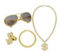 JOYVOX 4pcs Fake Gold Chain Necklace Set, Fake Gold Chain Gold Chain Fancy Dress Hip Hop Costume Kit - Hip Hop Rapper Style Costume Chains for 90s Fancy Dress