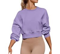 Joywayco Women's Long Sleeve Round Neck Cropped Sweatshirts Loose Pullover, Lavender, Medium