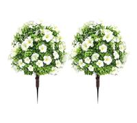 JOYWU 2 Pack Artificial Morning Glory Topiary Balls Trees with Ground Spike,58 x 40cm UV Resistant Fake Morning Glory Greenery Shrubs,Realistic Fake Bushes Plants for Garden,Yard,Porch (white)