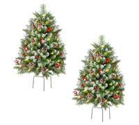 JOYWU 2 Pack Pre-Lit Pathway Christmas Trees with Tripod Stakes,76cm Artificial Christmas Tree Urn Filler with LED Lights,Pinecones,Berries and Xmas Balls,Lighted Xmas Pine Trees for Porch (white)