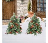 JOYWU 2 Pack Pre-Lit Pathway Christmas Trees with Tripod Stakes,76cm Artificial Christmas Tree Urn Filler with LED Lights,Pinecones,Berries and Xmas Balls,Lighted Xmas Pine Trees for Porch (red)