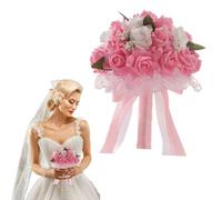JOYWU 2 Pcs Bride Holding Bouquets,25cm Artificial Roses Wedding Bouquets for Bride Bridesmaid,Bridesmaid Toss Flower Bouquet with Ribbon Handle,Anniversary Wedding Decorations (Pink)