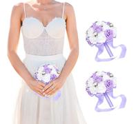 JOYWU 2 Pcs Bride Holding Bouquets,25cm Artificial Roses Wedding Bouquets for Bride Bridesmaid,Bridesmaid Toss Flower Bouquet with Ribbon Handle,Anniversary Wedding Decorations (Purple White)