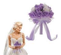 JOYWU 2 Pcs Bride Holding Bouquets,25cm Artificial Roses Wedding Bouquets for Bride Bridesmaid,Bridesmaid Toss Flower Bouquet with Ribbon Handle,Anniversary Wedding Decorations (Purple)