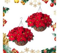JOYWU 2 Pcs Christmas Hanging Flowers Poinsettias with Basket for Outdoors,50cm Christmas Hanging Baskets Wreath with Led Lights for Front Porch Patio Garden Yard,Artificial Xmas Greenery (red)