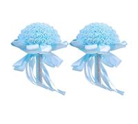 JOYWU 2 Pcs Crystal Bridal Wedding Bouquet,26cm White Bridesmaid Bridal Bouquet with Rhinestone,Crystals Handle and Ribbons,Round Wedding Tossing Bouquets,Bridesmaid Hand Flowers (blue)