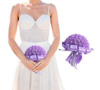 JOYWU 2 Pcs Crystal Bridal Wedding Bouquet,26cm White Bridesmaid Bridal Bouquet with Rhinestone,Crystals Handle and Ribbons,Round Wedding Tossing Bouquets,Bridesmaid Hand Flowers (purple)