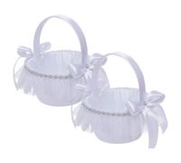 JOYWU 2 Pcs Flower Girl Baskets with Satin Bowknot and Pearl,19cm White Wedding Flower Basket with Handle,25cm Blue Pink Wedding Baskets for Girls,Party Decorative Flower Basket (white, 19cm)