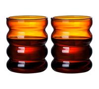 JOYWU 2 Pcs Vintage Drinking Glasses,Ribbed Glass Cups,Wave Shape Iced Coffee Cup,Striped Beverage Cup,Ripple Glassware,Water Glasses,Wine Cup,Cocktail Glasses,Aesthetic Cups (300ml-Brown)