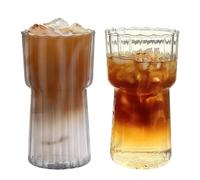 JOYWU 2 Pcs Vintage Drinking Glasses,Ribbed Glass Cups,Wave Shape Iced Coffee Cup,Striped Beverage Cup,Ripple Glassware,Water Glasses,Wine Cup,Cocktail Glasses,Aesthetic Cups (590ml-F)