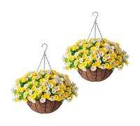JOYWU 2 Set Artificial Outdoor Daisy Flowers with Hanging Baskets,50cm UV Resistant Fake Silk Hanging Morning Glory Flowers in Coconut Lining Basket,Spring Summer Outdoor Decor (Glory-white)