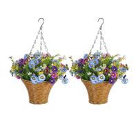 JOYWU 2 Set Fake Hanging Flowers Plants with Woven Baskets,43cm Artificial Hanging Daisy Flowers and Leaves in Boho Basket,Faux Plant Potted Greenery for Outdoor Spring Summer Decor (blue)