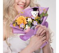 JOYWU 2025 Graduation Crochet Flower Bouquets,1 Set Plush Graduation Bear Flower Bouquet Set with Gift Bag,Sunflower,Daisy and Leaves,2025 Grad Gift for Her/Him,Teacher's Day Gifts (Purple)