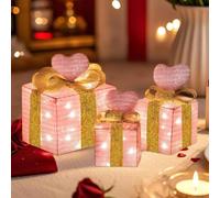 JOYWU 3 Pack Valentines Day Pink Heart Lighted Gift Boxes,Small Size 13-18cm Stackable Pink Present Boxes with Led Lights,3D Heart Ornament and Glitter Gold Bow,Romantic Wedding Valentines Decoration
