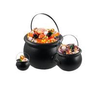 JOYWU 3 Pcs Large Halloween Witches Cauldrons,7,14 and 20cm Black Cauldrons with Handle,Plastic Candy Kettle Bucket for St.Patrick's Day,Halloween Pot Candy Holder,Black Candy Cauldron BowlS