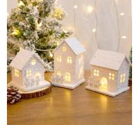 JOYWU 3 Pcs Lighted Wooden Snow Village Houses,LED Christmas House Ornaments,Mini Size White Christmas Village Set,Battery Powered Winter Xmas House Bulidings,Indoor Xmas Decor for Table Mantel (A)