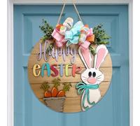 JOYWU 3D Happy Easter Front Door Sign,30cm 3D Bunny Welcome Sign with Green Leaves,Carrots and Bows,Easter Decoration for Front Door,Wooden Rabbit Wreath Sign,Easter Bunny Hanging Signs