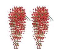 JOYWU 4 Pack Artificial Hanging Violet Vines for Outdoor Spring Decor,70cm Artificial Hanging Flowers,UV Resistant Fake Plant Violet Flower with Eucalyptus Leaf,Spring Summer Decoration (red)