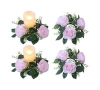 JOYWU 4-Pack Artificial Rose Candle Rings, 23cm Artificial Silk Flower Candle Wreaths for Pillar Candles, Mini Floral Wreath for Centerpiece Decor, Table, Fireplace, Valentine’s Day (Pink)